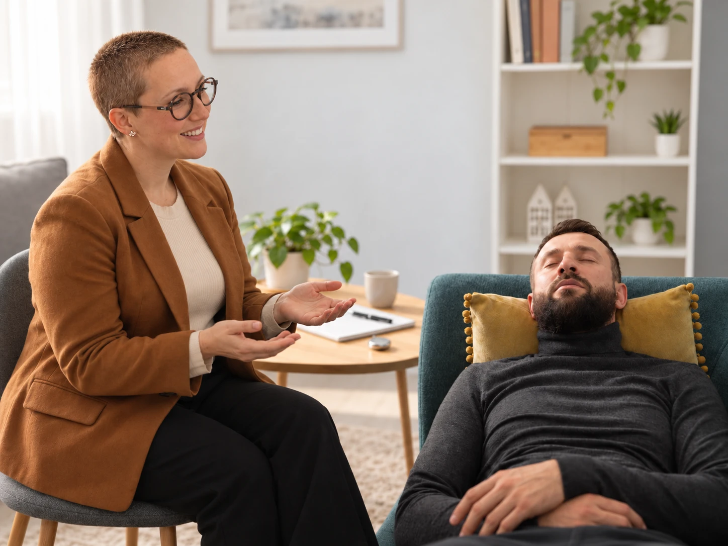 Séance d'hypnose : la praticienne accompagne un homme détendu, les yeux fermés, dans un fauteuil
